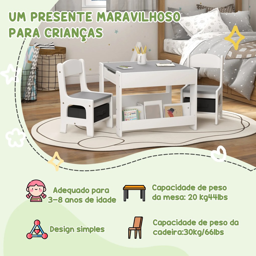 Conjunto de Mesa e 2 Cadeiras Infantis 2 em 1 com Ardósia Gavetas de Tecido e Espaço de Armazenamento para Quarto Cinza