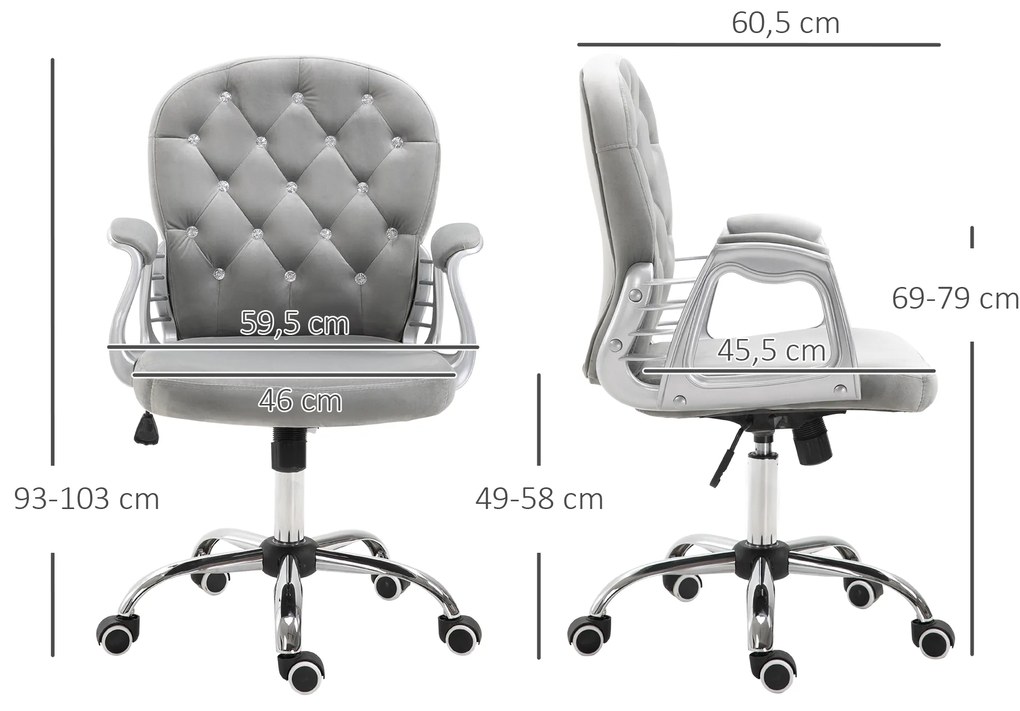 Cadeira de Escritório Estofada em Veludo Cadeira Giratória com Altura Ajustável e Decorações de Cristal 59,5x60,5x95-105 cm Cinzenta