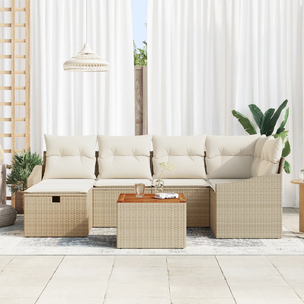 Conjunto de Sofá de Jardim com 7 Peças e Almofadas Bege em Rattan Sint