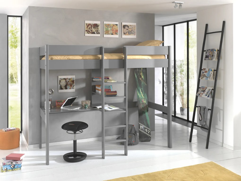 Cama alta de Criança PINO 90 x 200 cm + estrado + escada + secretária + 3 prateleiras Cinzenta