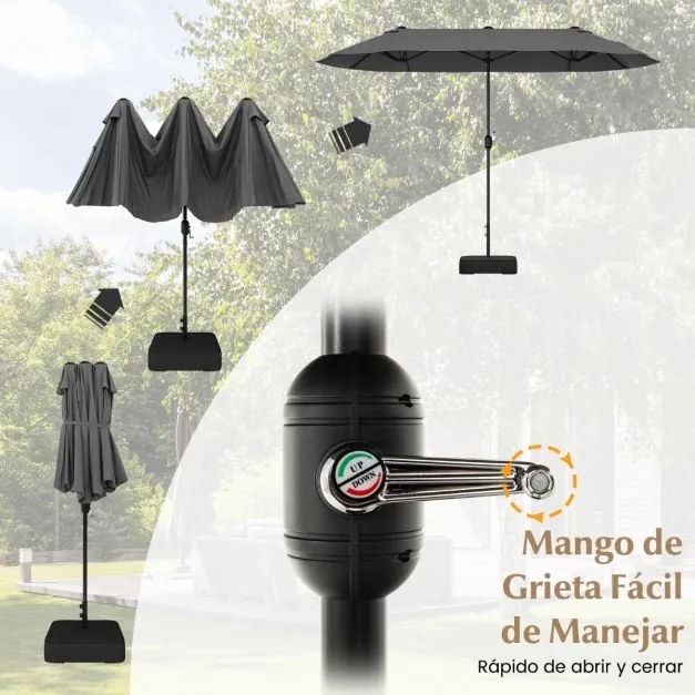 Guarda-sol duplo para jardim com base recarregável, manivela e 12 hastes de alta resistência Cinzento