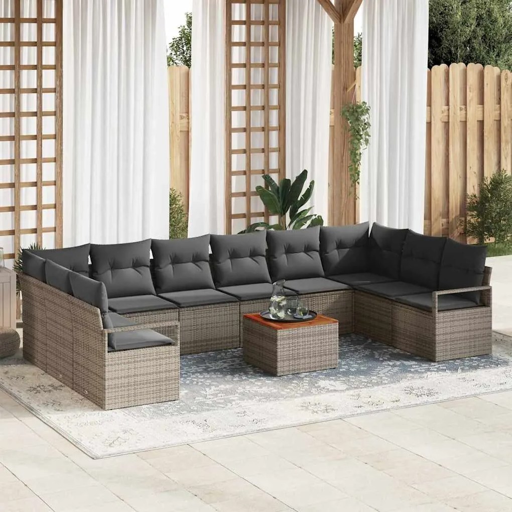 vidaXL Conjunto de Sofá de Jardim de 11 Peças com Almofadas Cinzas em Rattan de Poliéster e Madeira de Acácia.