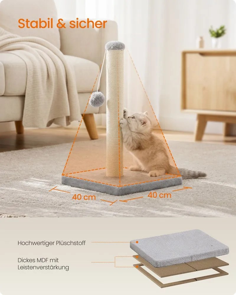 Pequena coluna para arranhar para gatos 40 x 40 x 44 cm ( com tronco de sisal e bola de pelúcia, Cinzento