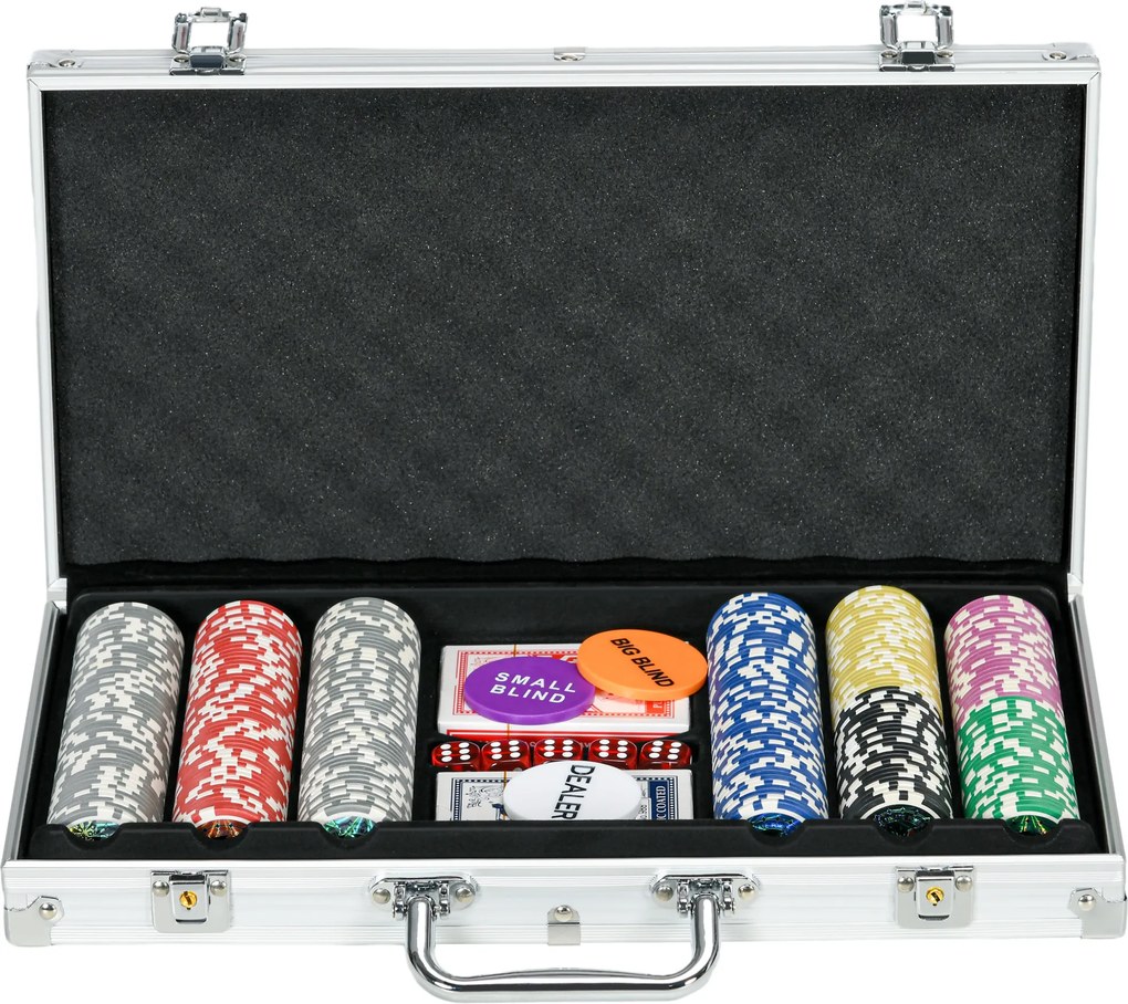 SPORTNOW Conjunto de Póquer Profissional com 300 Fichas de 11,5 g 2 Baralhos de Cartas 5 Dados Tapete e Botão de Crupiê para 7-8 Jogadores com Fechadura Prata | Aosom Portugal