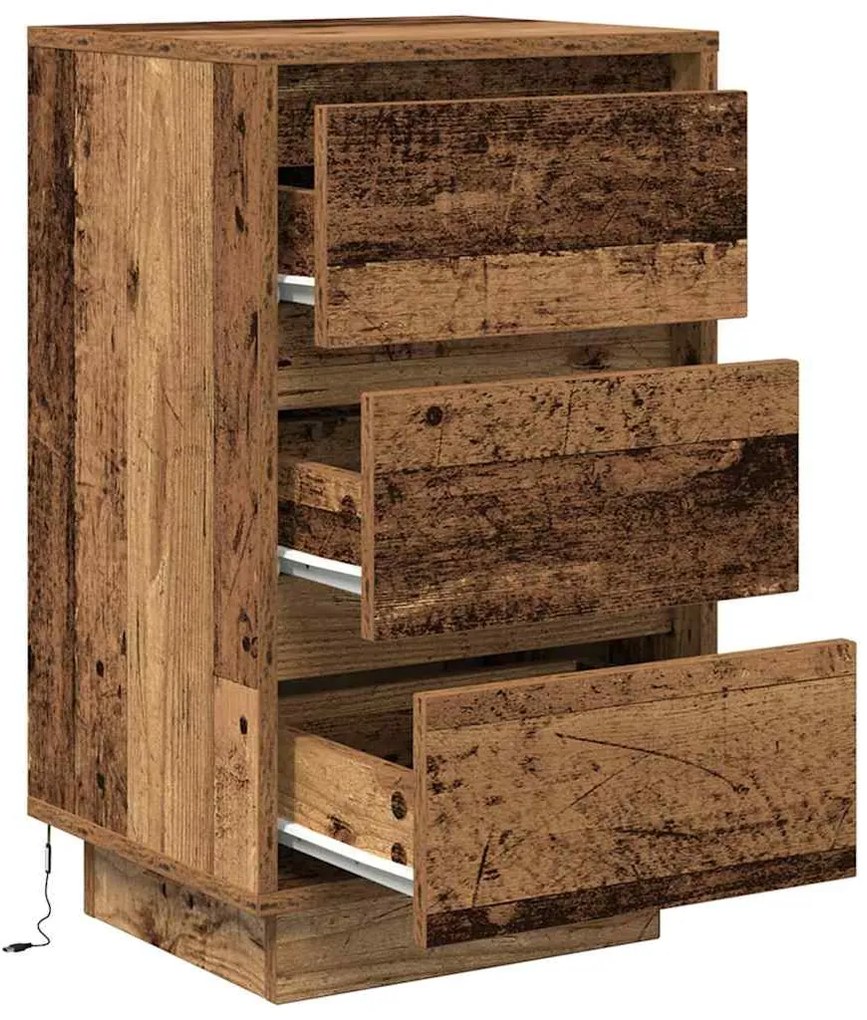 Mesa de cabeceira com luzes LED 38x34x65 cm madeira velha