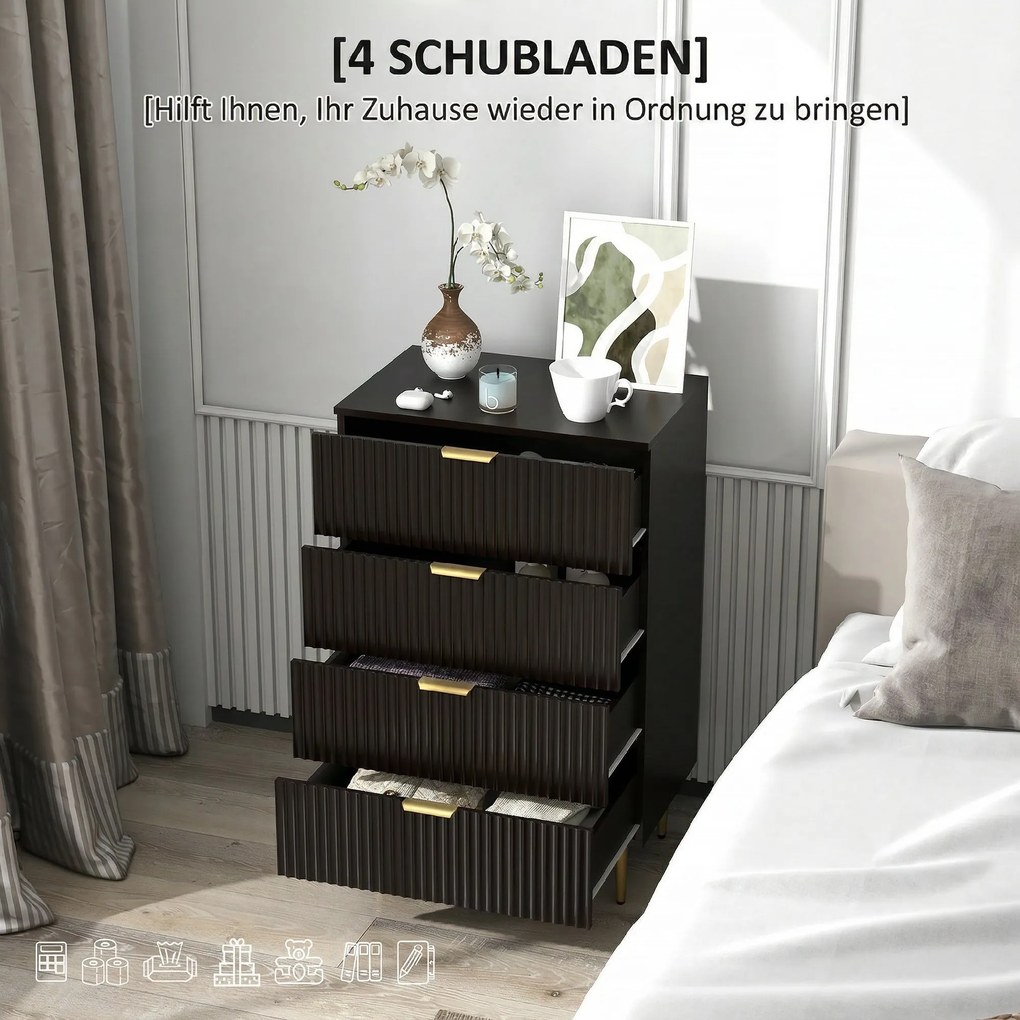 Cómoda de 4 gavetas 60 x 40 x 96 cm, móvel de arrumação moderno para quarto com puxadores e pés dourados, preto