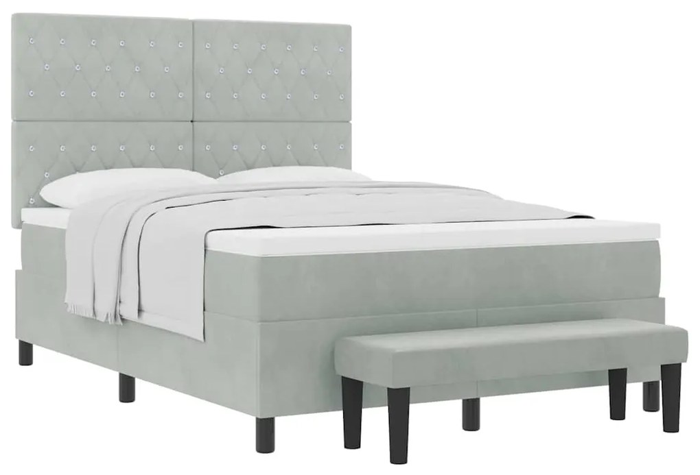 Cama Box Spring com Colchão e Banco Cinza Claro 140x190 cm Veludo