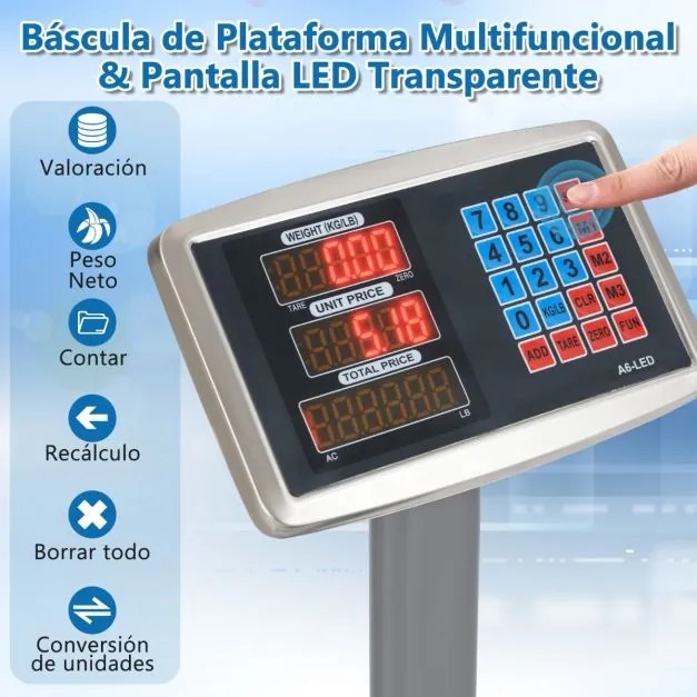 Balança industrial digital computadorizada de 300 kg Balança de plataforma com calculadora de preço Ecrã LED transparente Prata