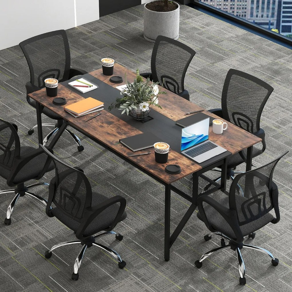Mesa retangular para reuniões 180 x 96 x 76 cm (CADEIRAS NÃO INCLUIDAS) com prateleira de malha e passagem de cabos para 6-8 pessoas Preto + Castanho
