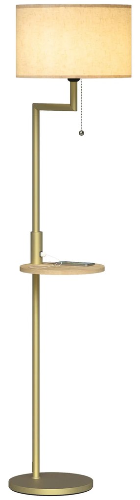 HOMCOM Candeeiro de Pé com Mesa Auxiliar Candeeiro com Prateleira Lâmpada E27 Máx. 40W com Ecrã de Linho Interruptor de Corrente e Carregador USB para Sala de Estar Ø40x170 cm Dourado
