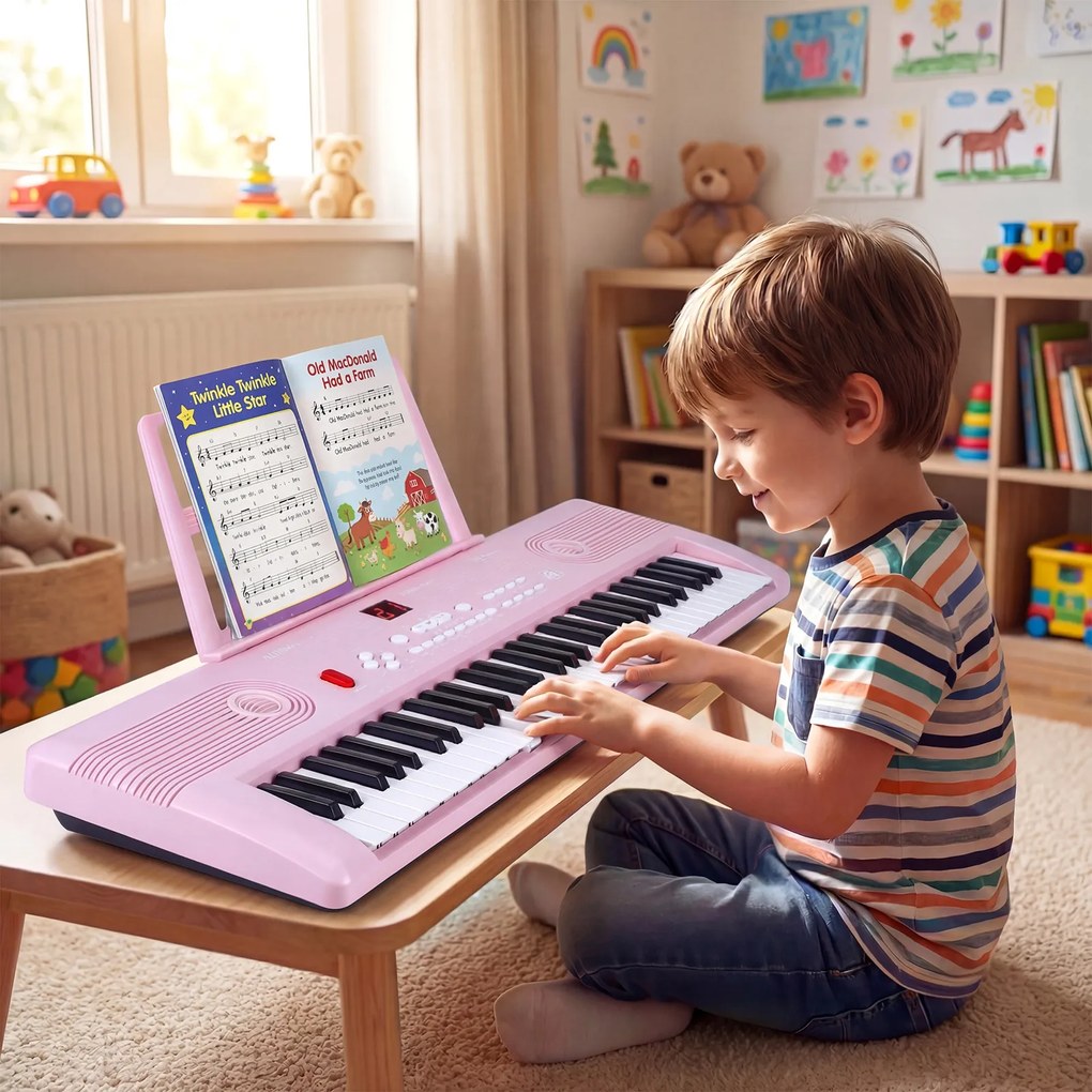 Teclado de piano portátil de 61 teclas com suporte para partituras, microfone, autocolantes de notas e bolsa – 58 x 18 x 5 cm – Rosa