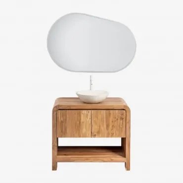 Conjunto De Móvel De Casa De Banho Em Madeira Vacry Castanho Acácia & Cimento Redondo Branco Ø40 Cm Zavion & Oval Led E Anti-embaciamento 100x80 Cm Ri