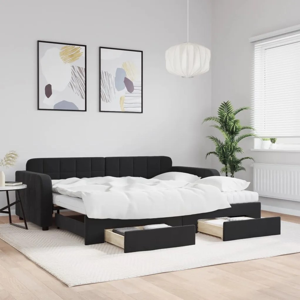 Sofá-cama com gavetão e gavetas 90x200 cm veludo preto