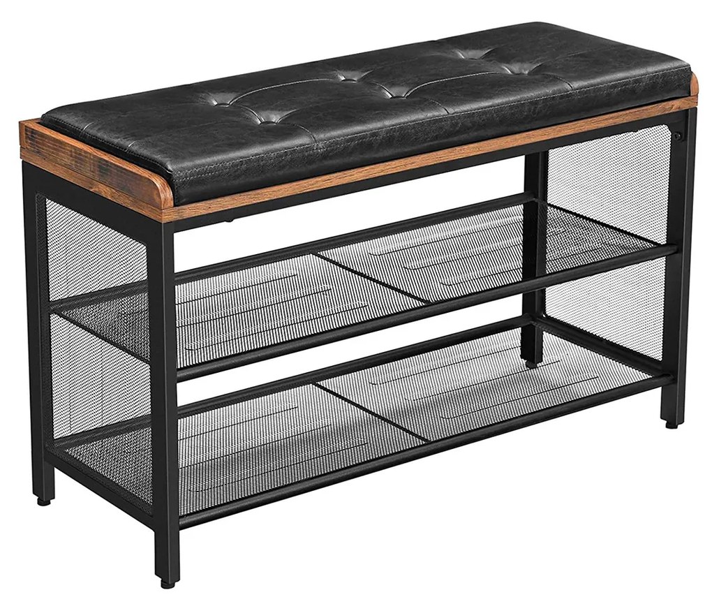 Banco de sapatos com assento acolchoado, prateleiras de malha para calçado. | VASAGLE | 80 x 30 x 48 cm | antique|preto | LBS75X.