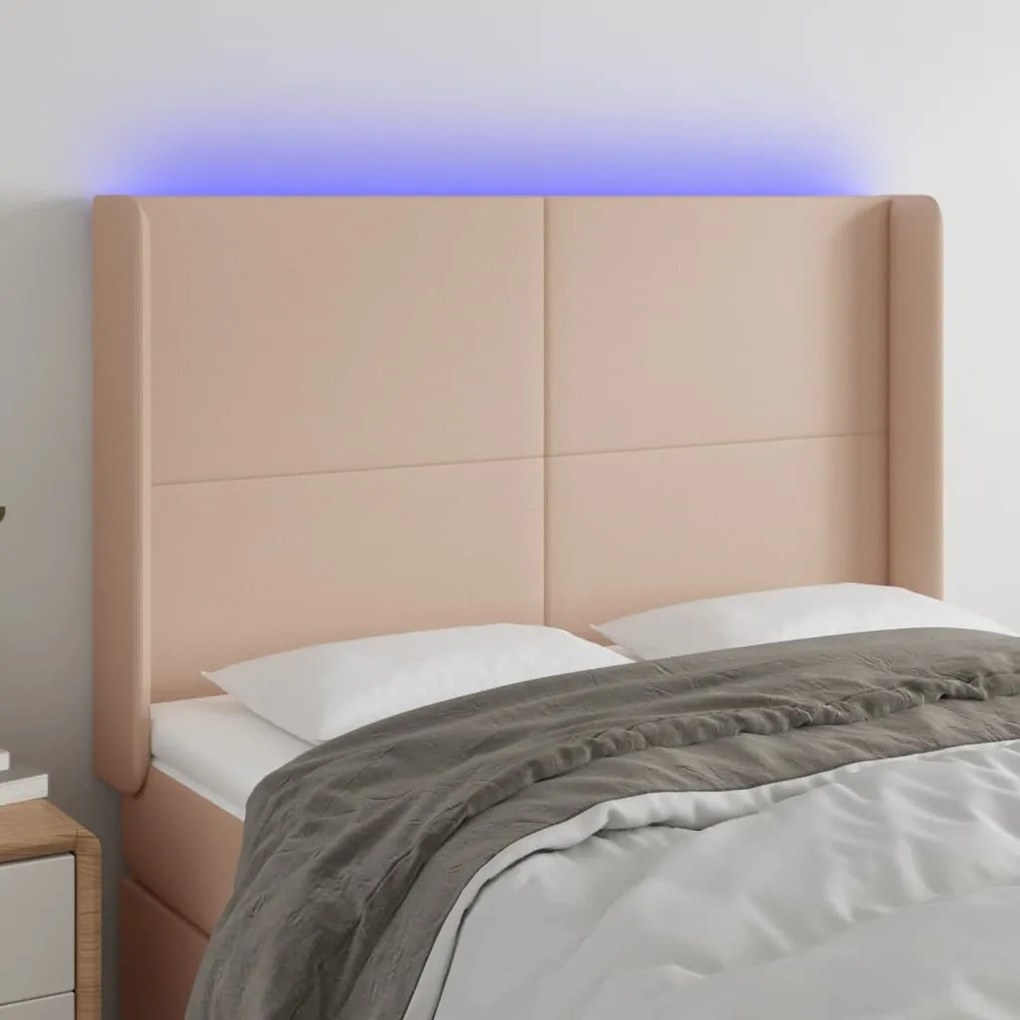 Cabeceira cama c/ LED couro artif. 147x16x118/128 cm cappuccino