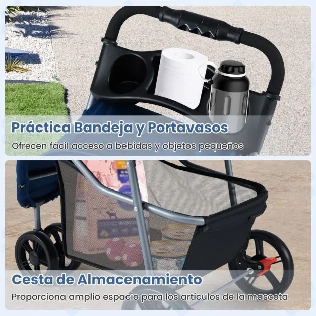 Carrinho dobrável para animais de estimação, leve, com capota ajustável, almofada lavável, cesto de armazenamento e porta-copos, 3 rodas, até 15 kg Az