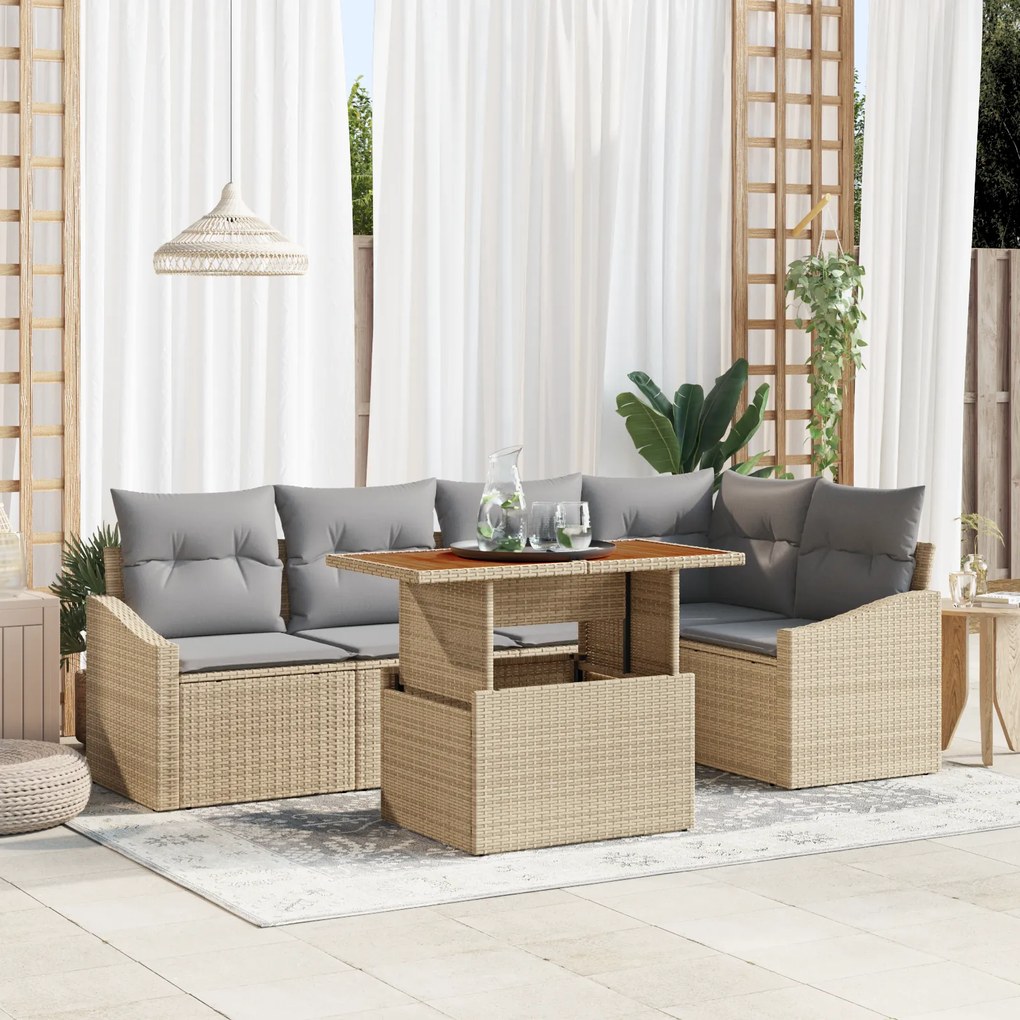 Conjunto de Sofá de Jardim 6 Peças com Almofadas Bege Rattan Polipropi