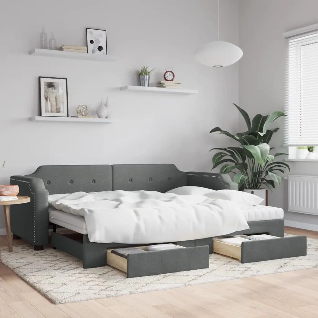 vidaXL Sofá-cama c/ gavetão e gavetas 90x190 cm tecido cinzento-escuro
