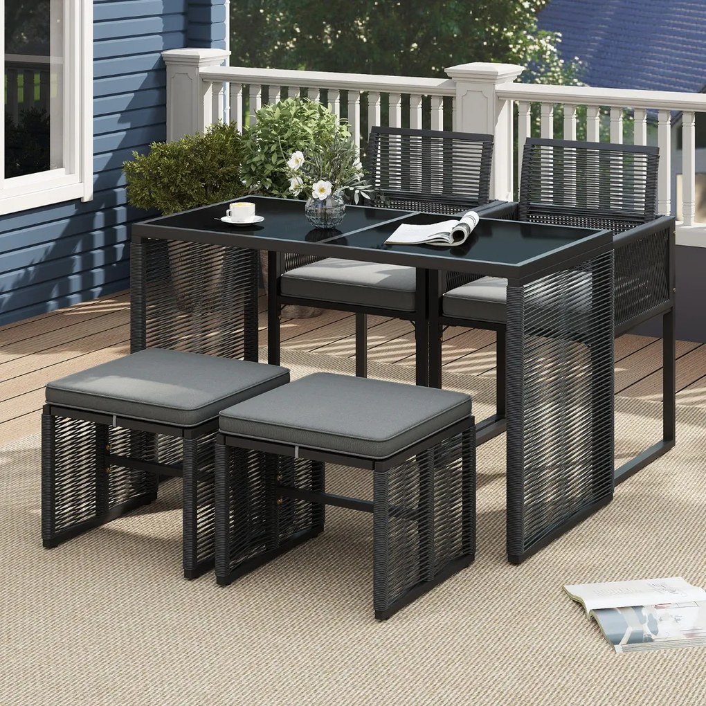 Conjunto de Móveis de Rattan Cadeira de Rattan PE e Mesa de Vidro Temperado com Pufes para Jardim Cinzento e Preto