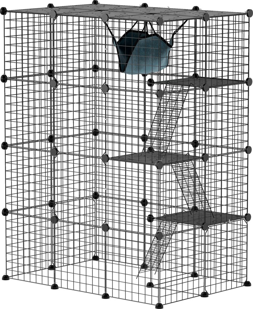 PawHut Gaiola Grande para Gatos de Interior com 49 Painéis, 4 Níveis, 5 Portas, 3 Plataformas, Rampas e Rede, DIY, 105x70x140 cm, Preto | Aosom Portugal