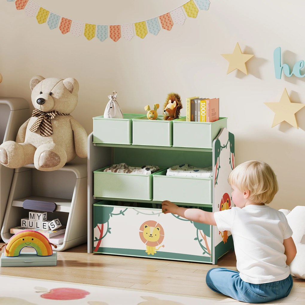 Móvel de arrumação infantil de 3 níveis 110 x 29,5 x 82  cm, estante para brinquedos com 6 caixas de tecido removíveis, verde