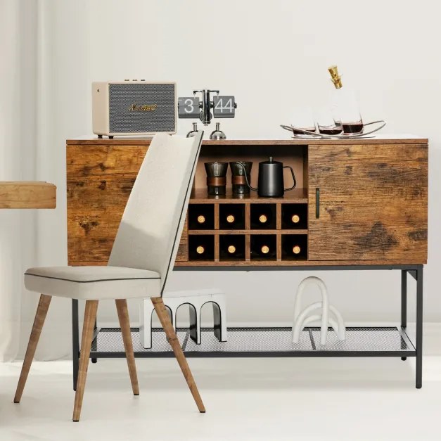 Aparador Buffet Industrial com Porta Vinho Prateleira de Malha 2 Armários com Portas para Corredor da Sala 122 x 41 x 85 cm Castanho