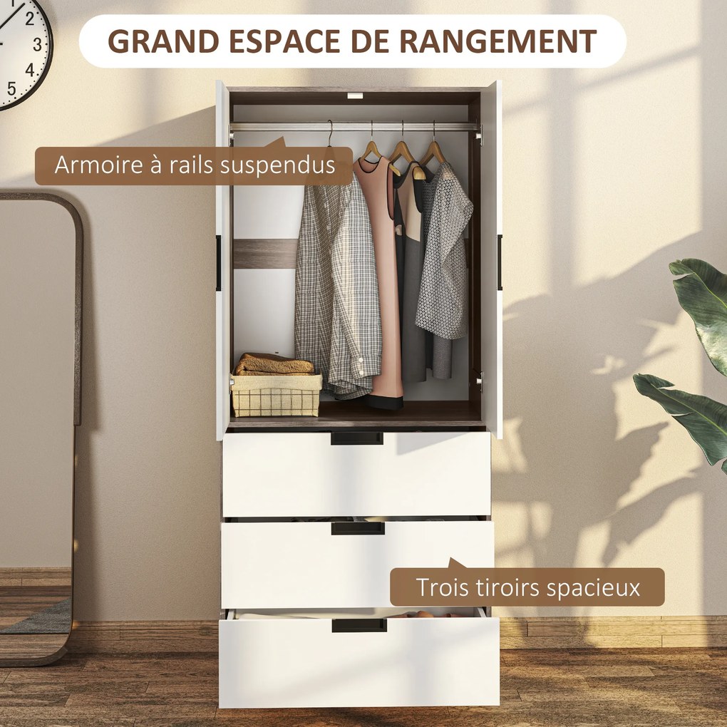 Guarda Roupa de 2 portas, armário moderno com 3 gavetas e varão para pendurar roupa, para quarto, castanho