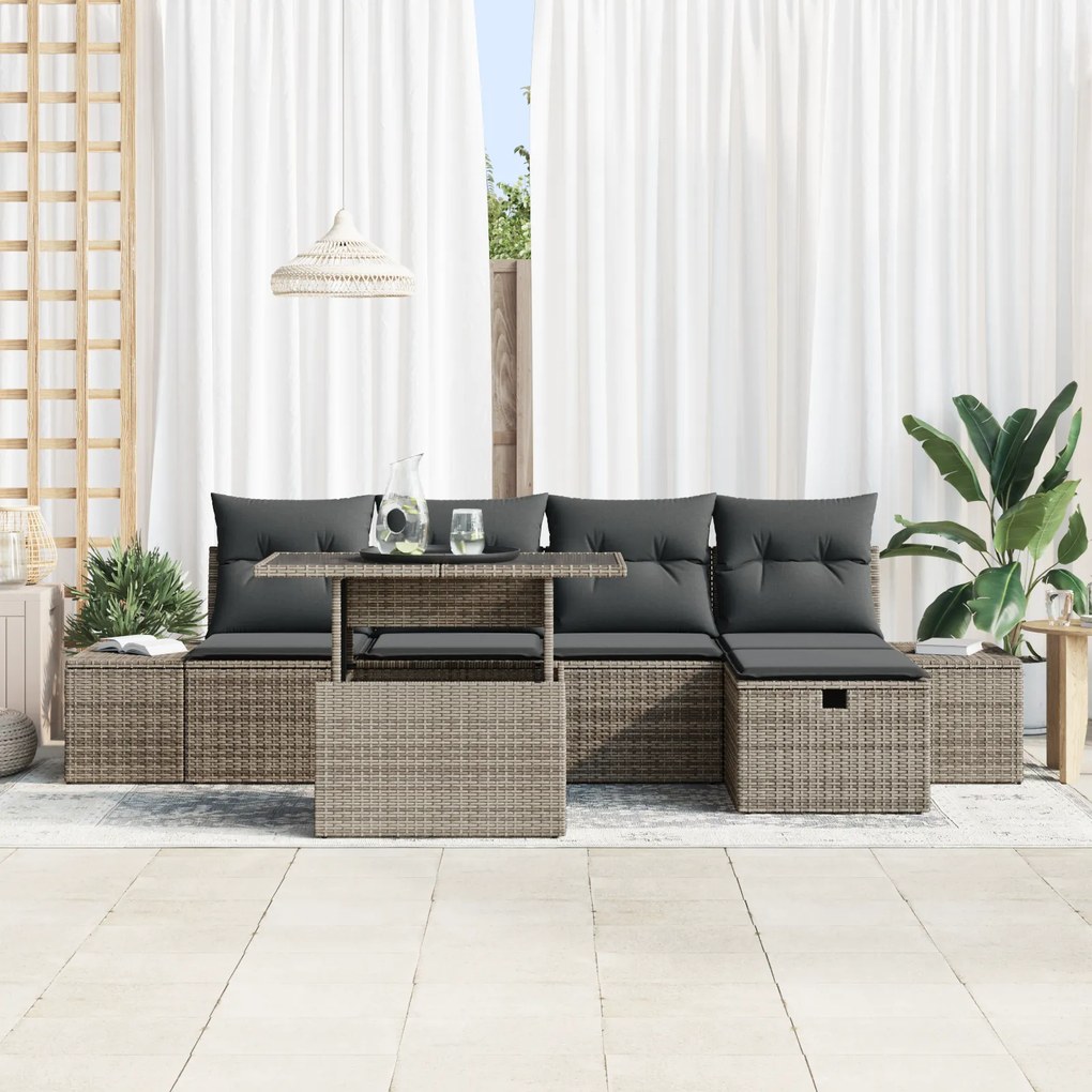 Conjunto de Sofá de Jardim com 6 Peças e Almofadas de Poliratan Cinza