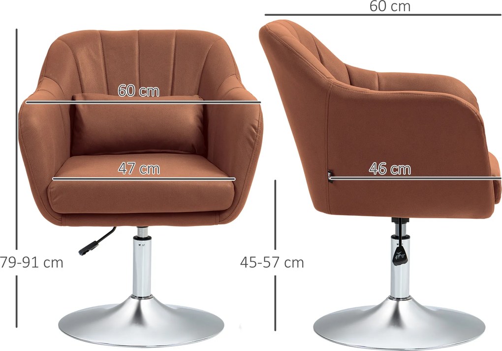 Poltrona de sala com almofadas lombares, altura ajustável, giratória a 360°, com base em metal castanho