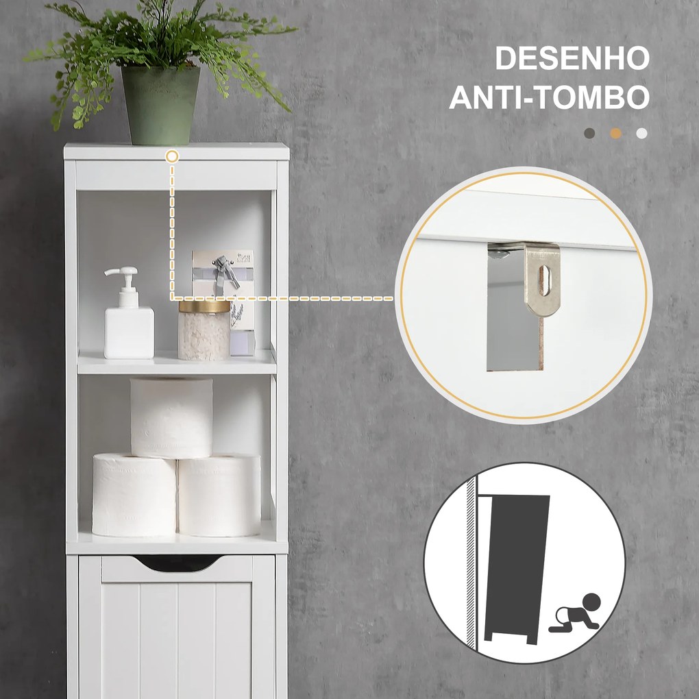Armário Casa de Banho Estreito com 3 Gavetas e 2 Prateleiras Abertas Estilo Moderno 30x30x141,6 cm Branco