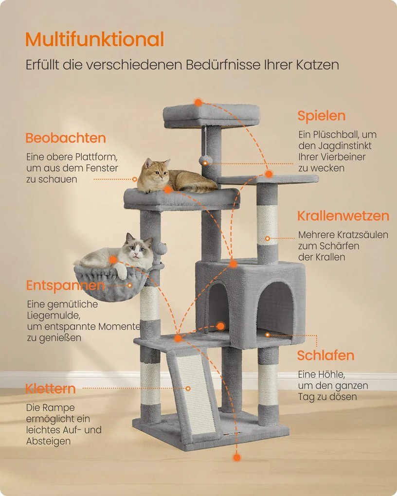 Arranhador para gatos 48 x 48 x 136 cm e com 3 plataformas, cinzento claro