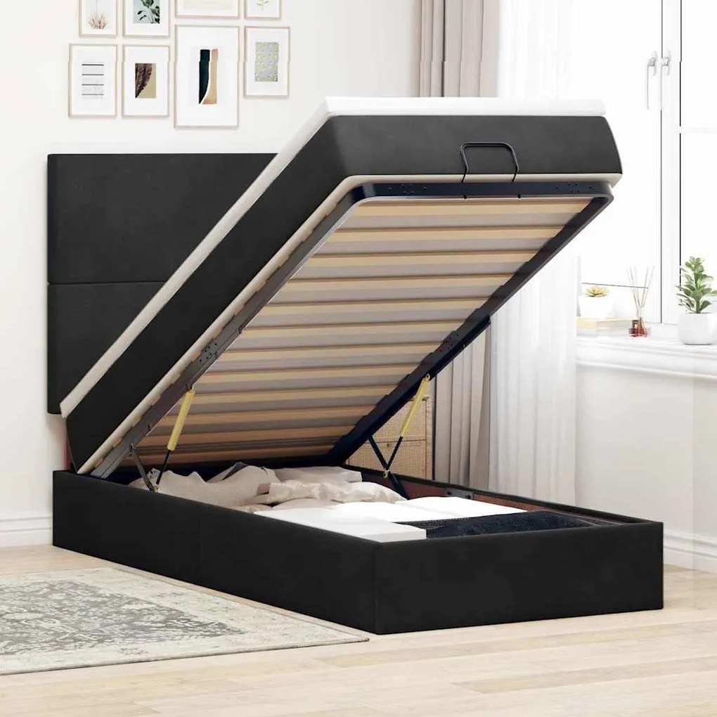 Estrutura de cama otomana com colchões preto 80x200cm veludo