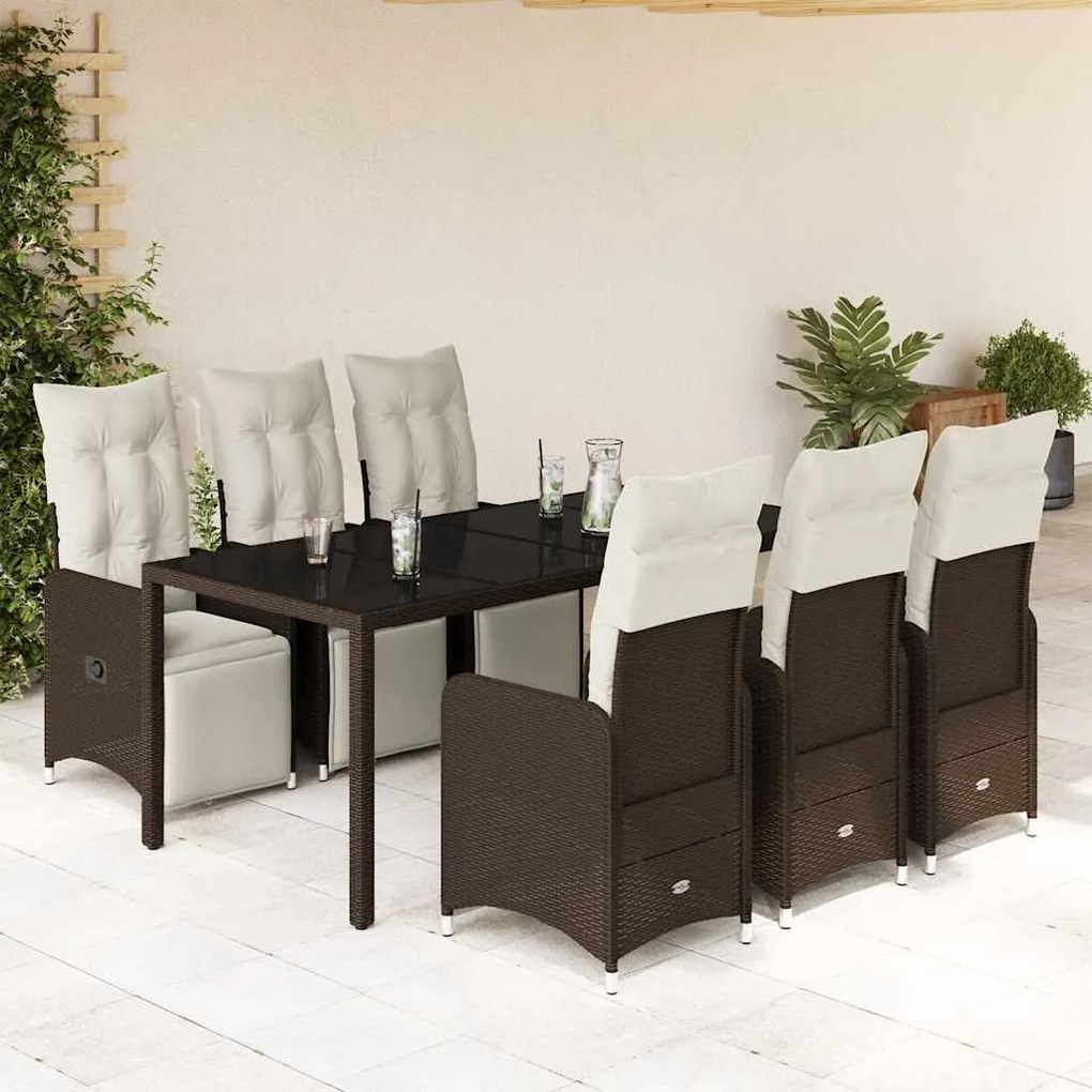 7 pcs conjunto bistrô de jardim c/ almofadões vime PE castanho