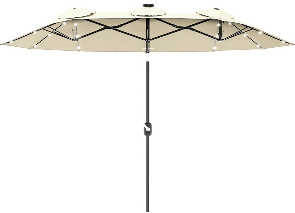 Outsunny Chapéu de Sol Duplo com Luzes LED com Inclinação de 45° Manivela Estrutura de Aço 280x146x227cm Bege