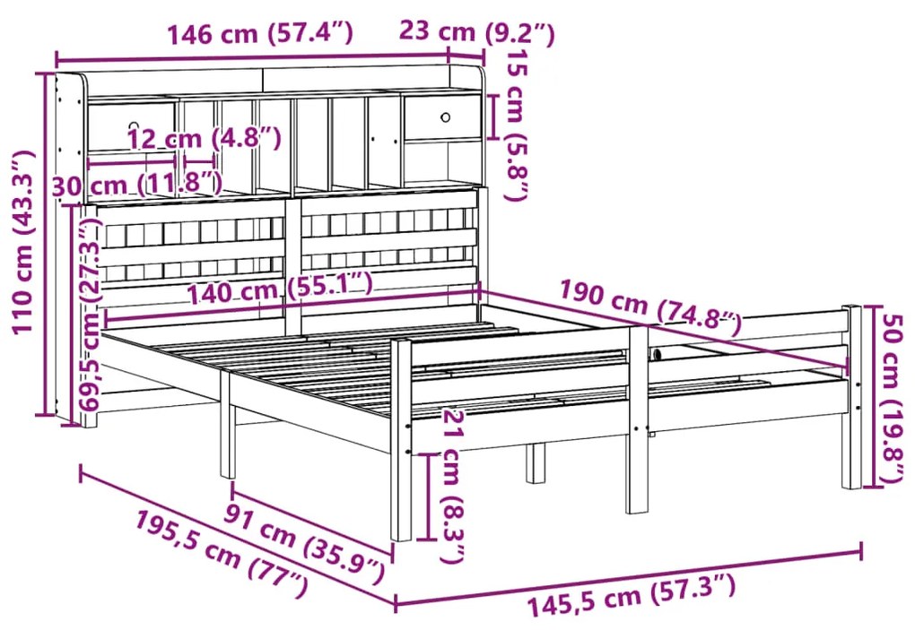 Cama com estante sem colchão 140x190 cm pinho maciço