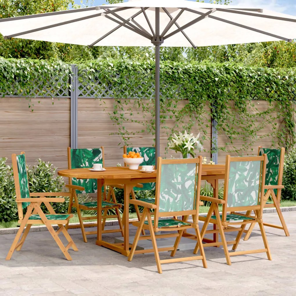 vidaXL 7pcs conj. jantar p/ jardim tecido/madeira maciça padrão folhas