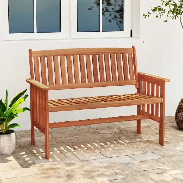Banco de jardim em madeira para exterior para 2 pessoas, encosto inclinado, braços, assento com ripas, para terraço, pátio ou alpendre, 59,5 x 119 x 8