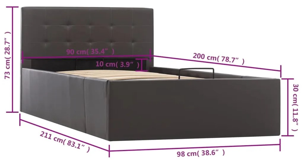 Cama hidráulica c/ arrumação 90x200cm couro artificial cinza