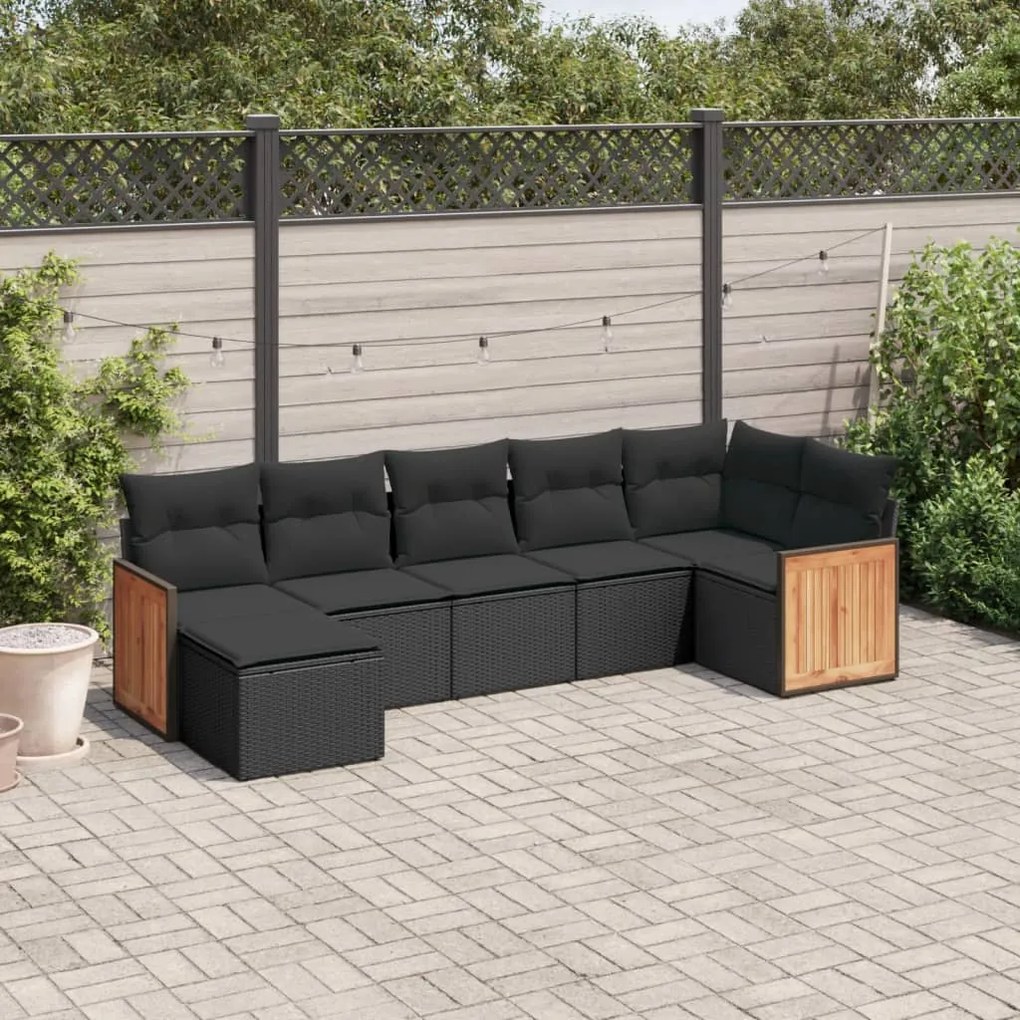 7 pcs conjunto de sofás p/ jardim c/ almofadões vime PE preto