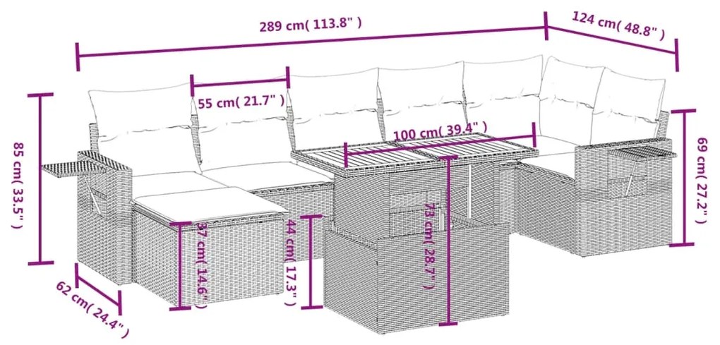 8 pcs conjunto sofás de jardim com almofadões vime PE preto