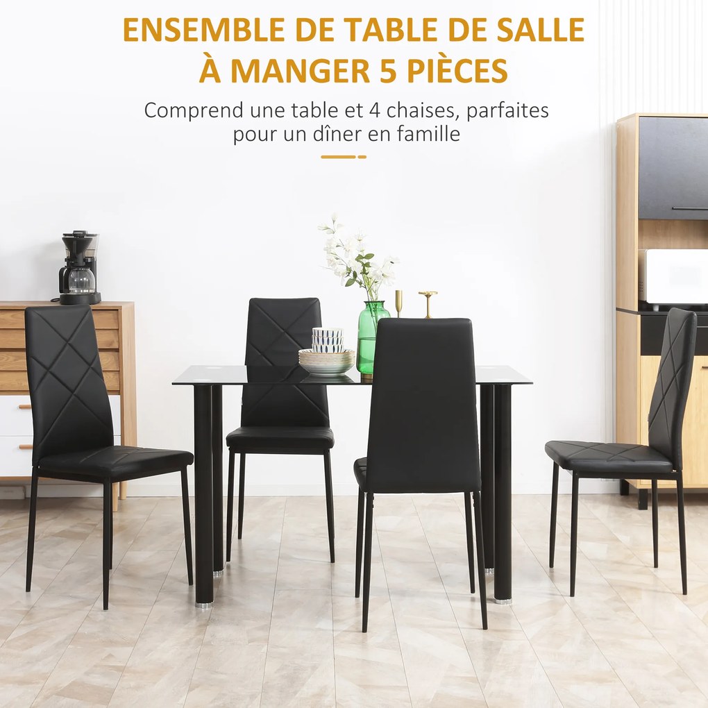 Conjunto de mesa de jantar com 4 cadeiras, tampo em vidro temperado e pés em aço, para cozinha ou sala de estar, na cor preta