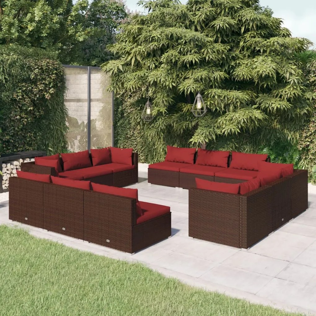 vidaXL 12 pcs conjunto lounge jardim c/ almofadões vime PE castanho