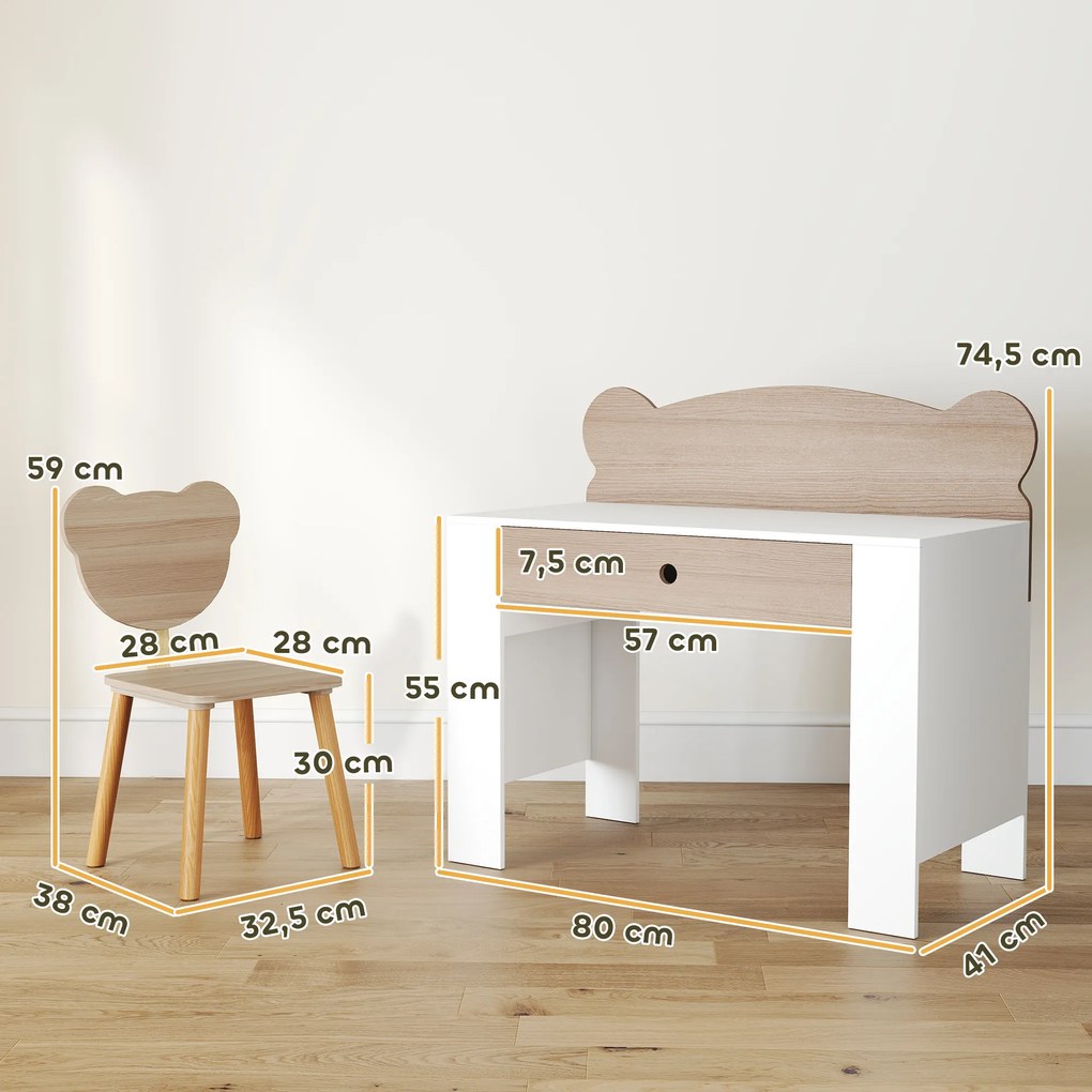 Secretária para Crianças com Cadeira em Forma de Ursinho Secretária Infantil com Gaveta para Estudar Ler e Desenhar Branco e Madeira