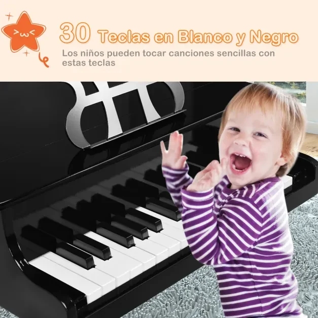 Piano Clássico Infantil com 30 Teclas, Banco e Tampa de Piano para
