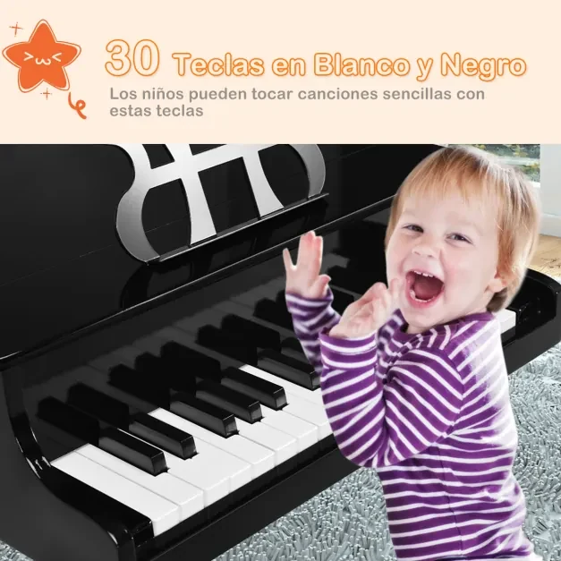 Piano Clássico Infantil de Cauda e 3 Pernas, com 30 Teclas e