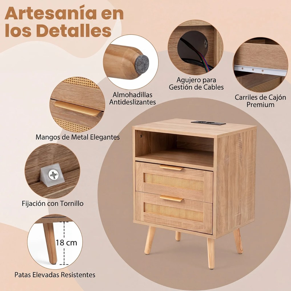 Conjunto de 2 Mesas de Cabeceira, 45 x 35 x 61,5 cm, Estação de Carregamento Integrada, Natural