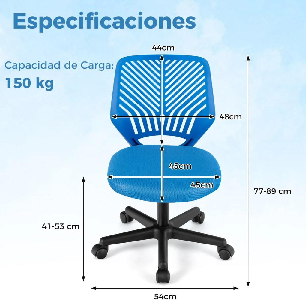 Cadeira de secretária ergonómica para crianças, ajustável em altura Cadeira giratória sem braços com rodas universais para o escritório em casa Azul