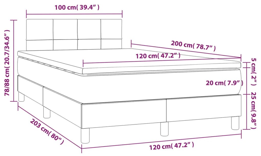 Cama box spring c/ colchão/LED 120x200 cm veludo azul-escuro