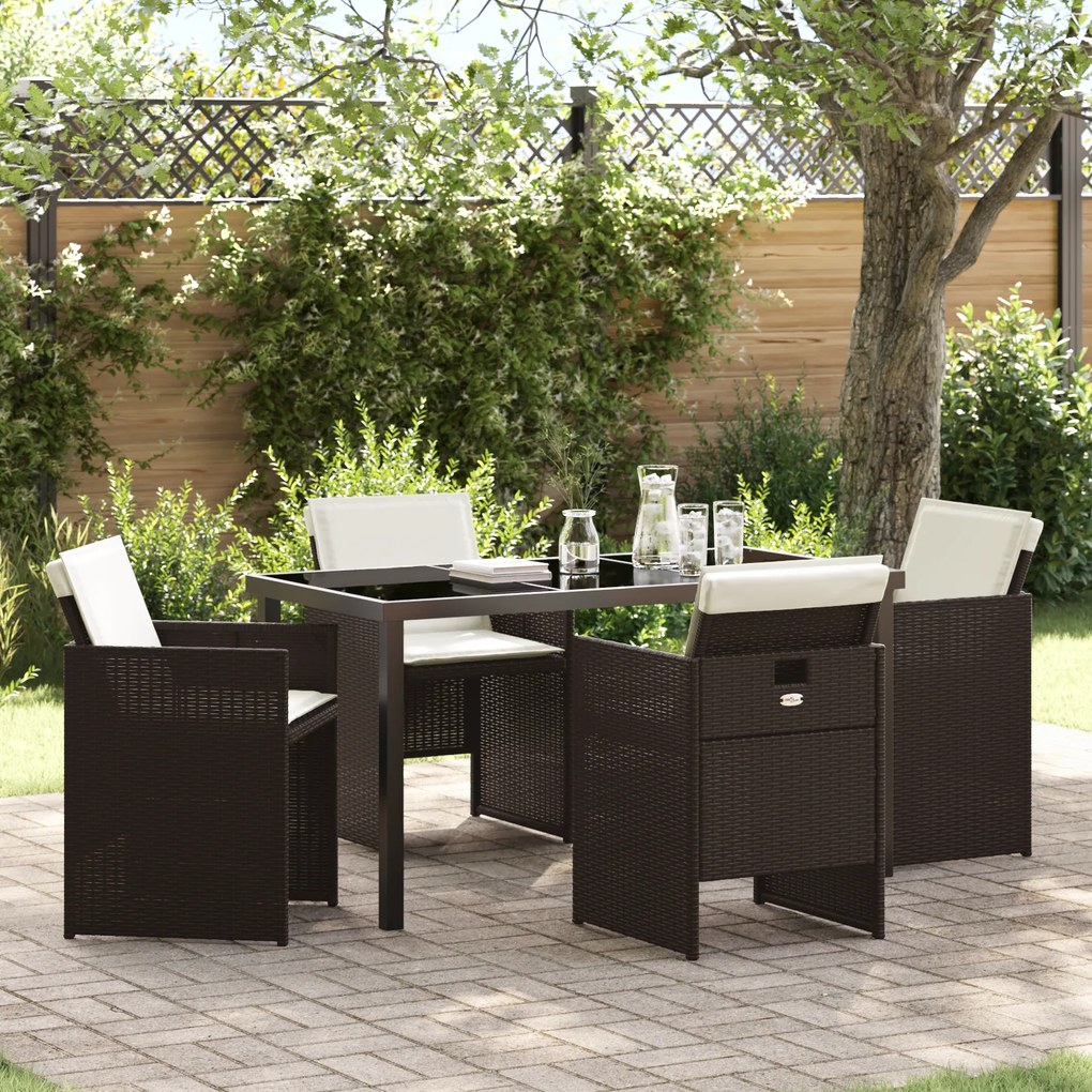 Conjunto de Jantar de 5 Peças com Almofadas Rattan Poliéster Castanho