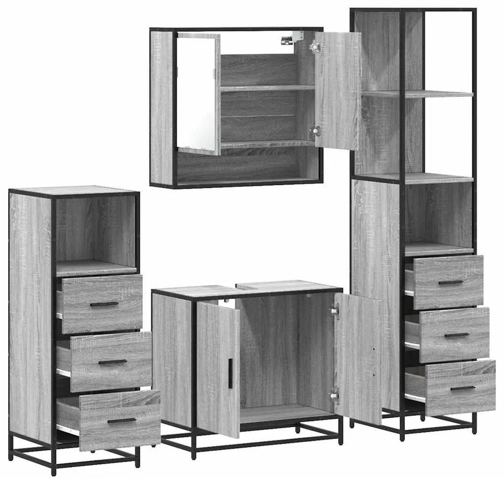 4 pcs Conjunto móveis casa de banho madeira proc. cinza sonoma